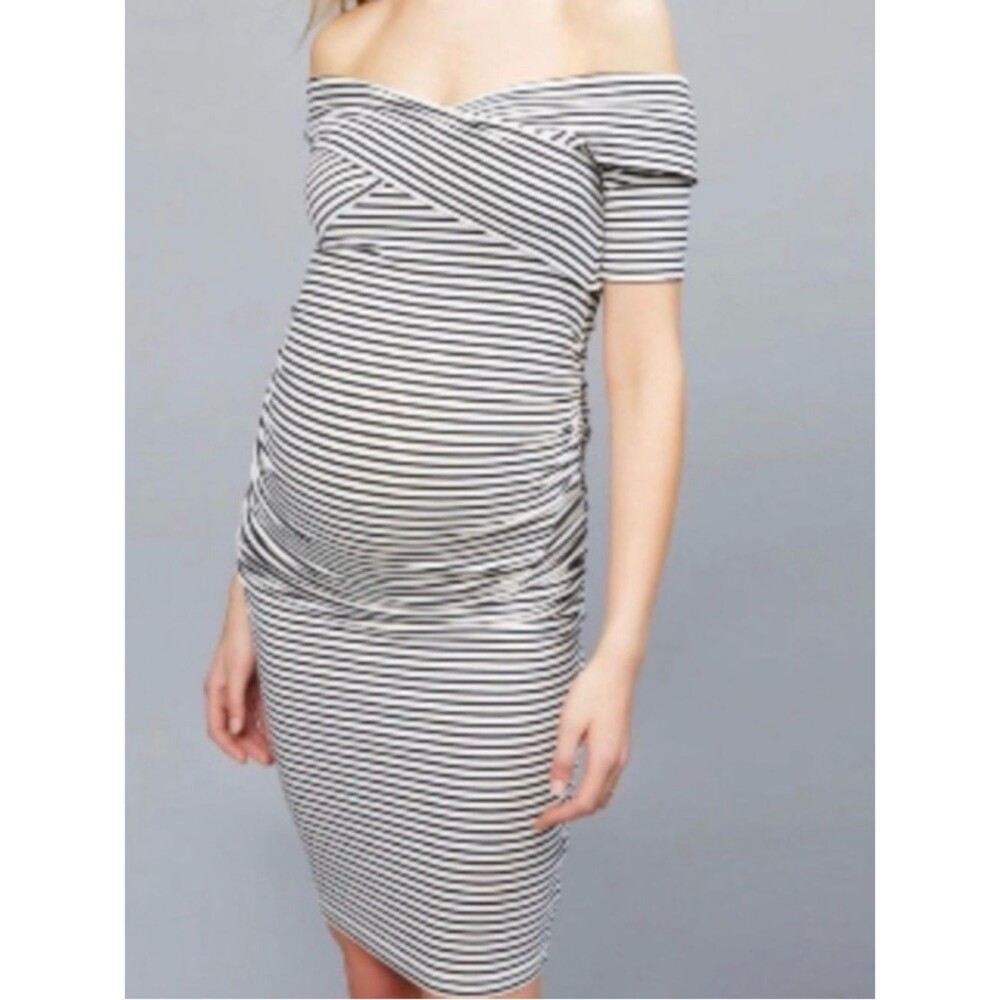 LED Lux Essentials  Denim Black and White Striped One-Shoulder Maternity Dress S
